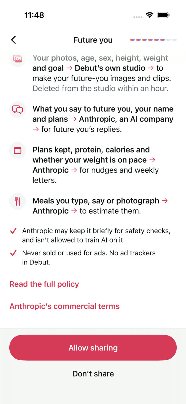 There's consent-to-share screen, listing what goes where: your photos to There's own studio, deleted within an hour; what you say to future you to Anthropic, an AI company; never sold or used for ads. Buttons: Allow sharing, and Don't share.