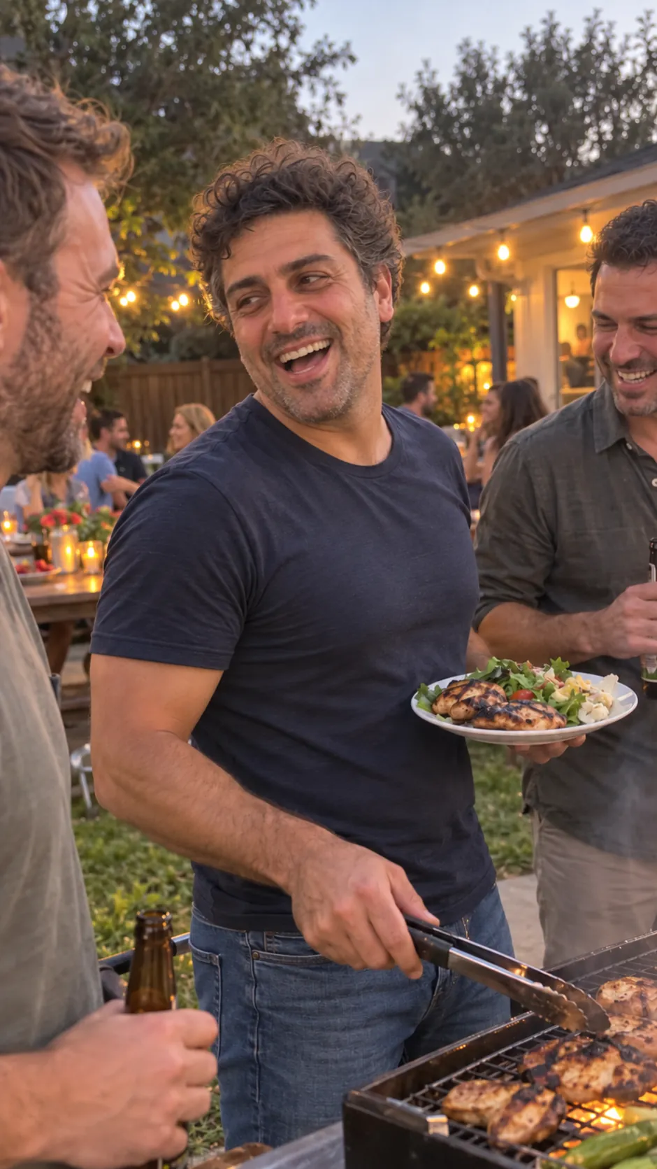AI-generated example of a future self: a man laughing at a backyard barbecue with friends, a plate of food in his hand.